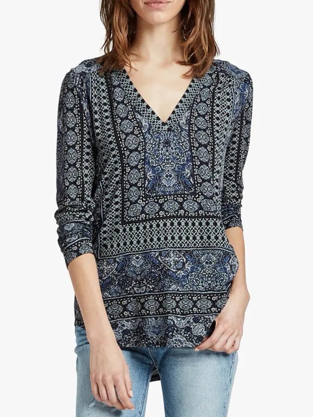 🍀 Lucky Brand Blue Paisley Border Print V-Neck Top NWT Medium